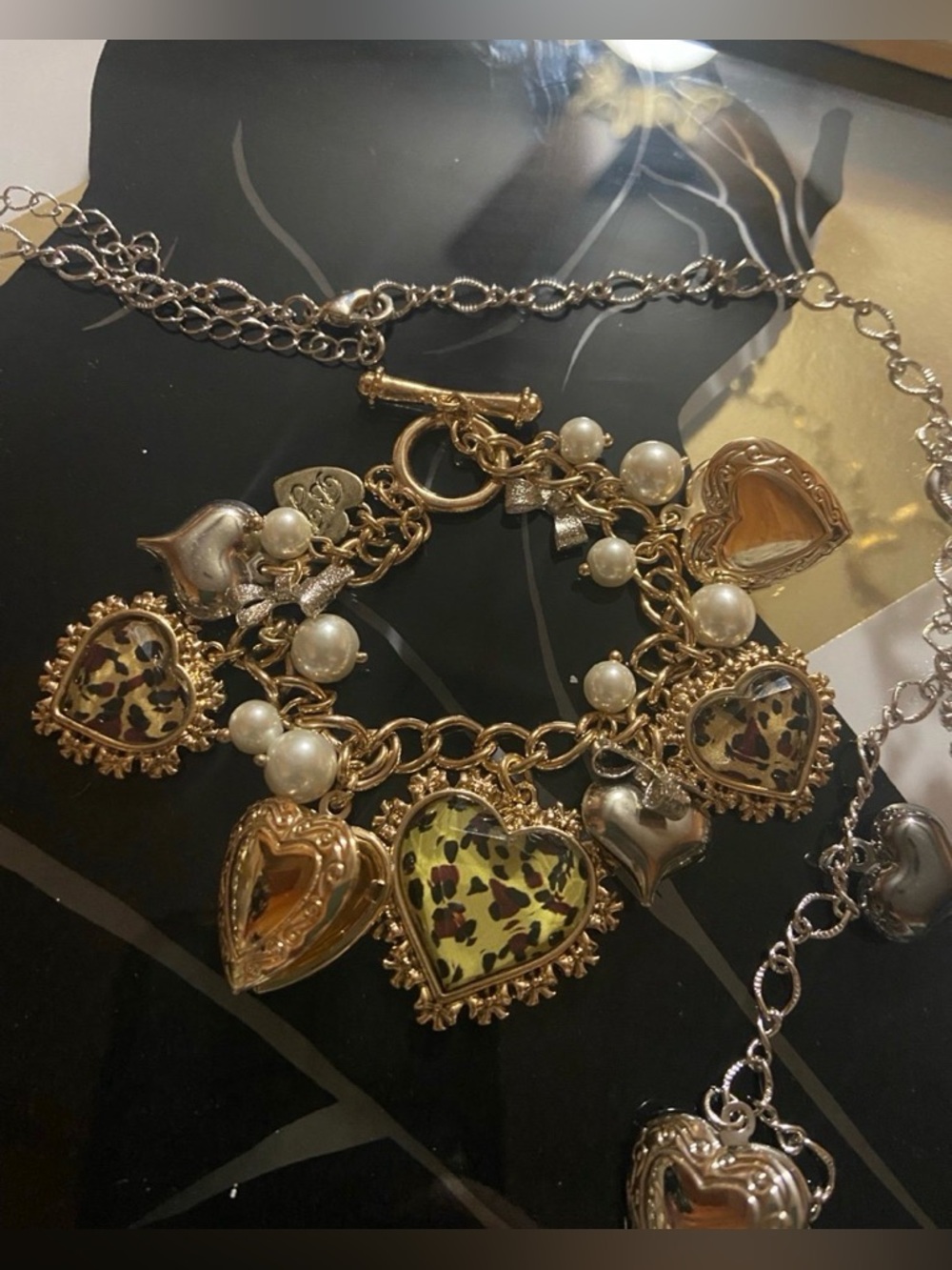 Betsey Johnson Gold Heart Charm Necklace and Bracelet w Leopard Print and Pearls